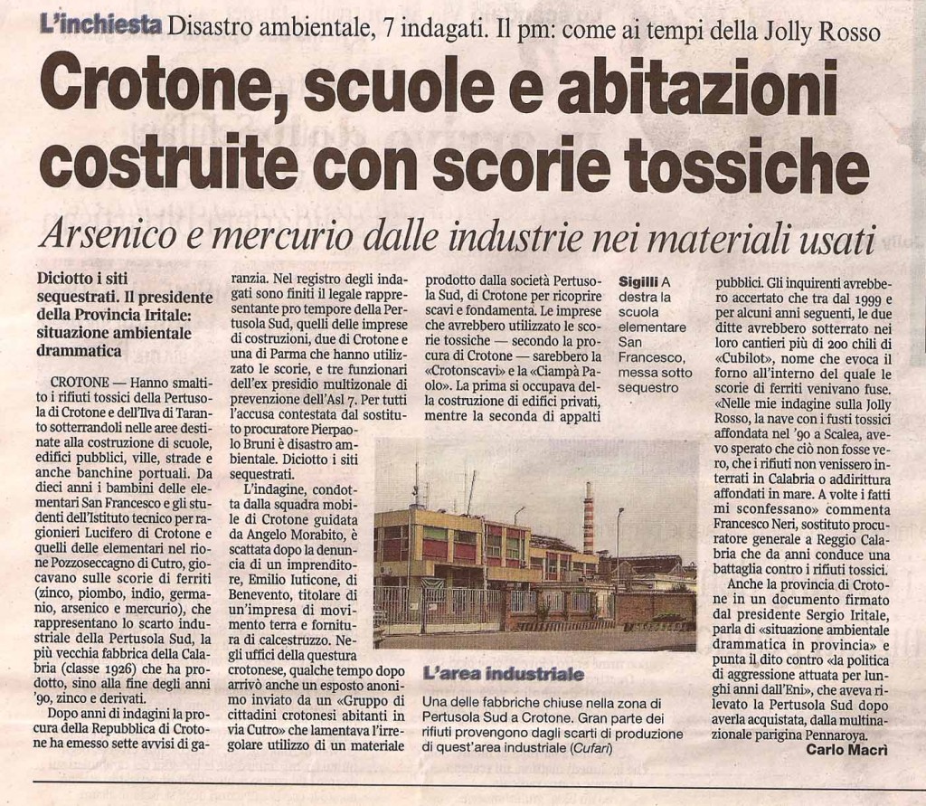 Crotone, scuole e abitazioni costruite con scorie tossiche