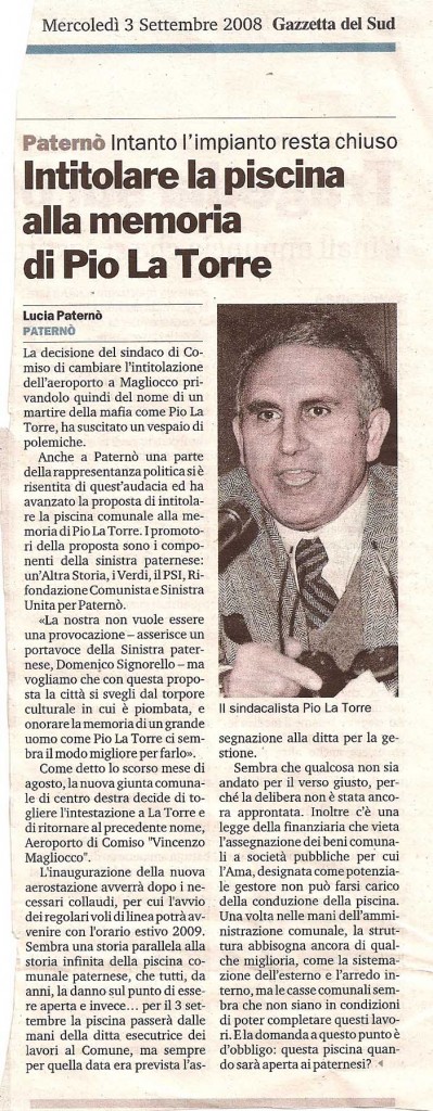 Intitolare la piscina alla memoria di Pio La Torre