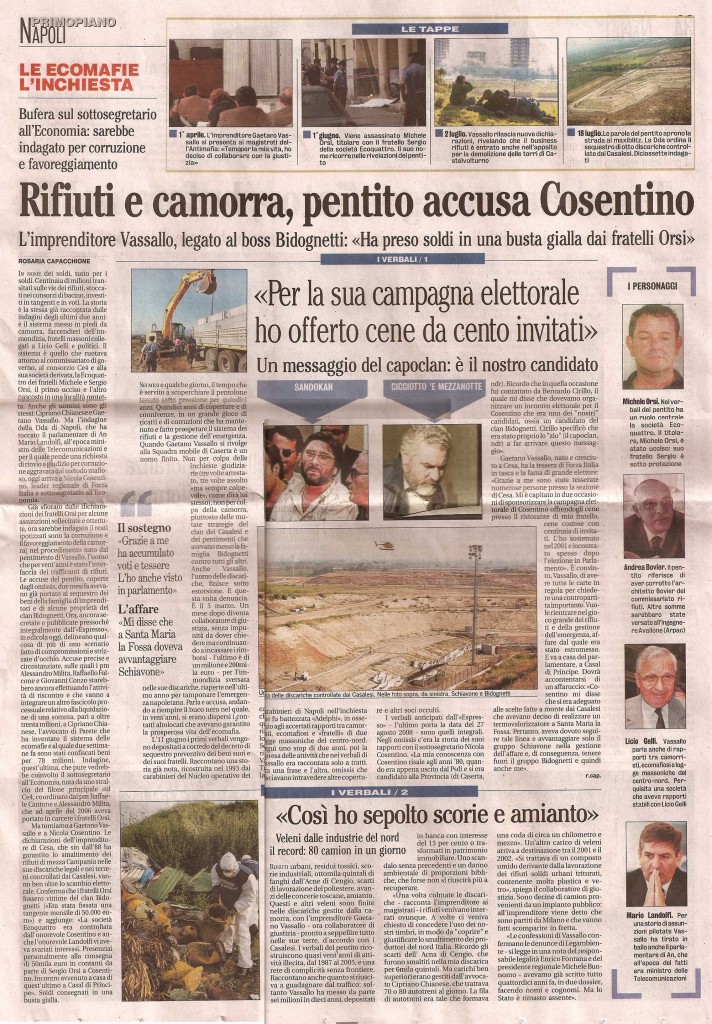 Rifiuti e camorra, pentito accusa Cosentino