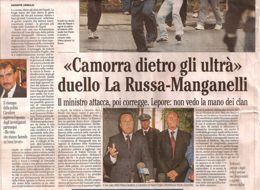 “Camorra dietro gli ultrà”, duello La Russa-Manganelli