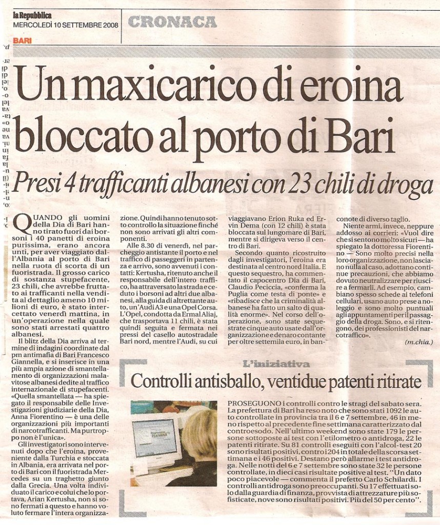 Un maxicarico di eroina bloccato al porto di Bari