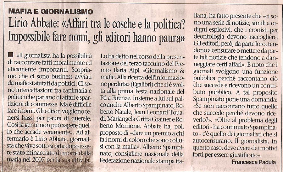 Lirio Abbate:”Gli affari tra le cosche e la politica, impossibile fare nomi gli editori hanno paura”