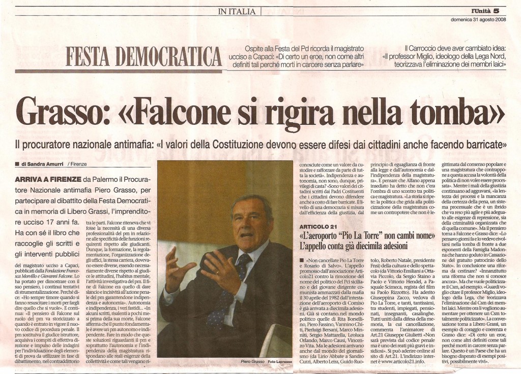 Grasso:””Falcone si rigira nella tomba”