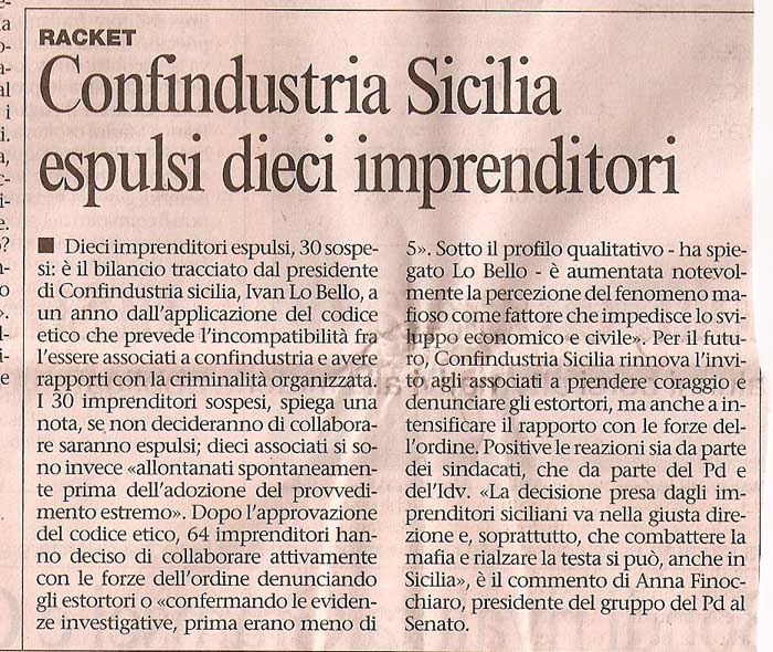 Confindustria Sicilia espulsi 10 imprenditori