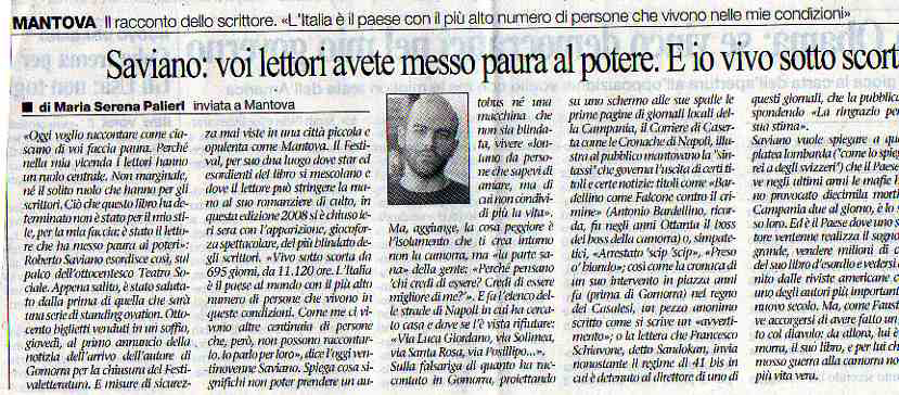 Saviano:voi lettori avete messo paura al potere e io vivo sotto scorta