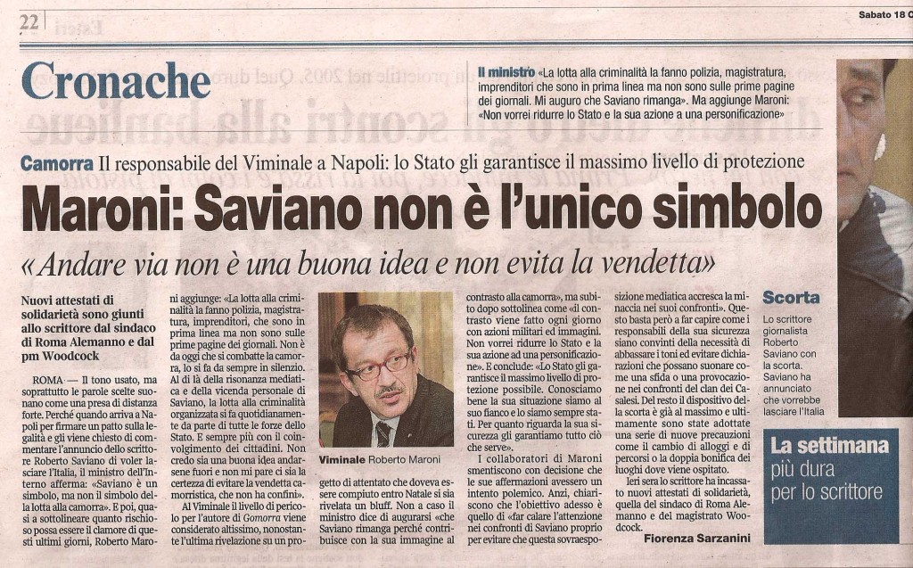 Maroni: Saviano non è l’unico simbolo