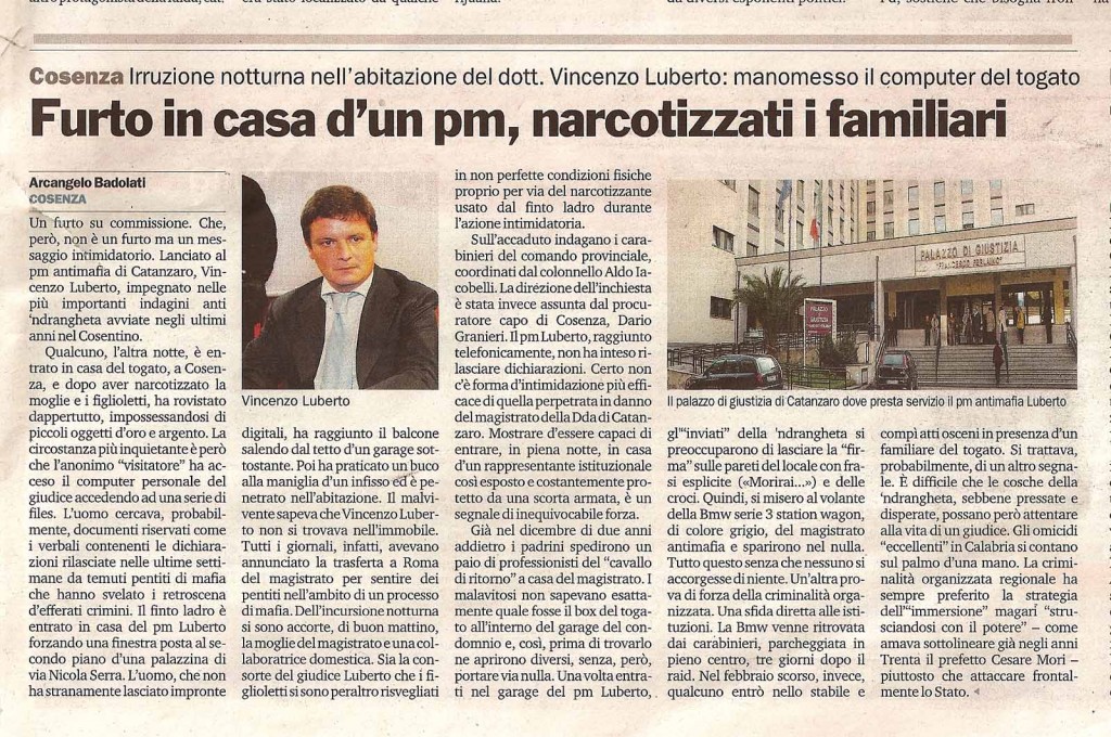 Furto in casa di un pm, narcotizzati i familiari