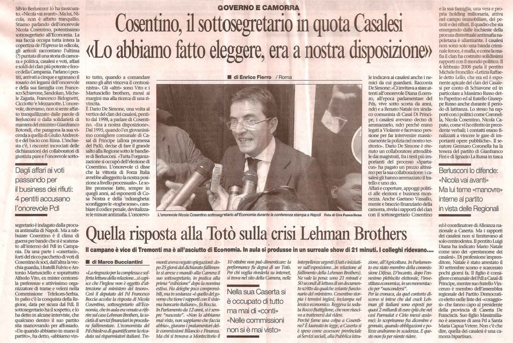 Cosentino, il sottosegretario in quota Casalesi