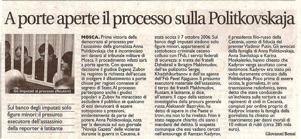 A porte aperte il processo sulla Politkovskaja