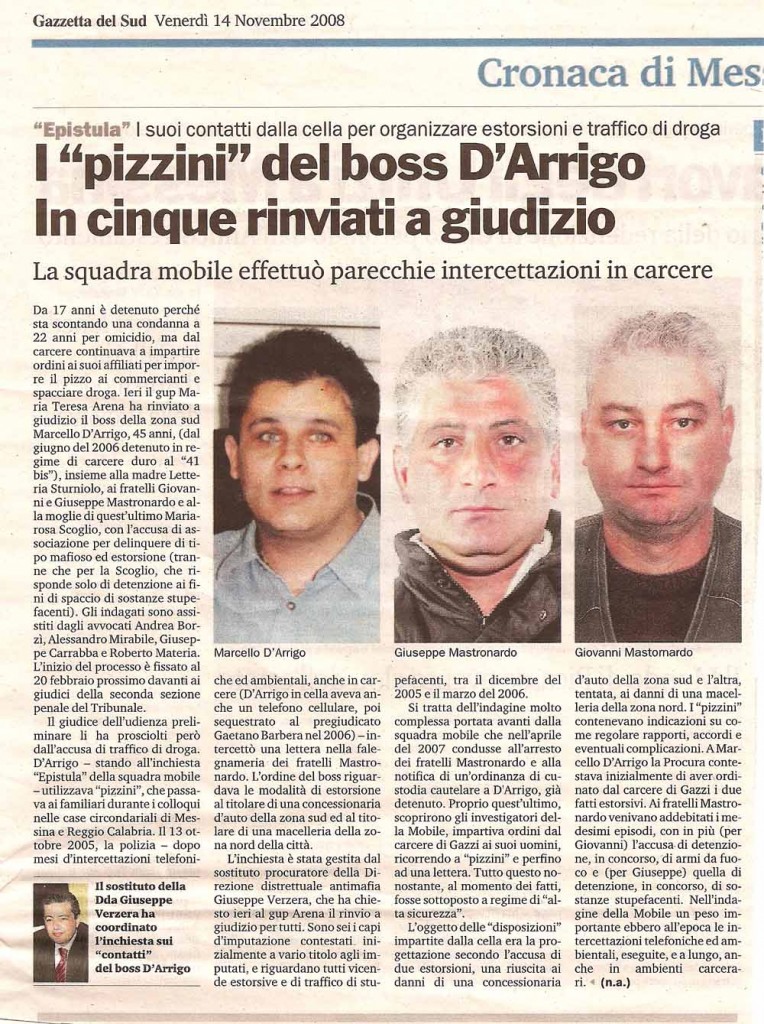 I “pizzini” del boss D’Arrigo. In Cinque rinviati a giudizio