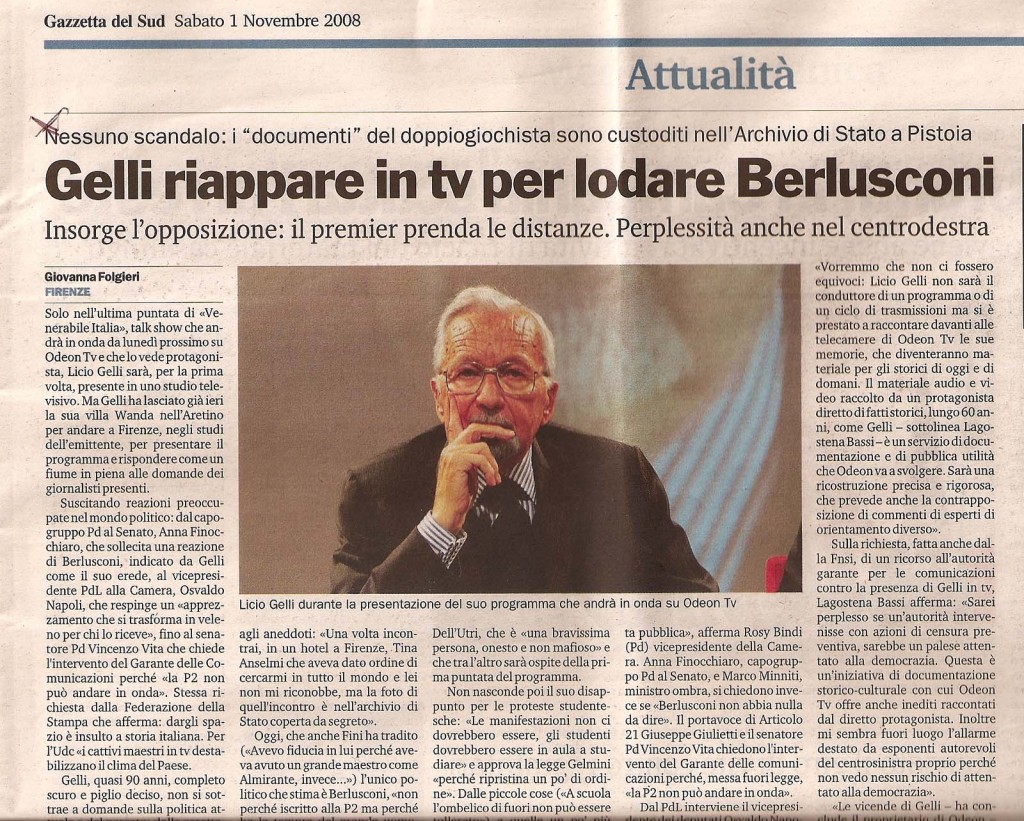 Gelli riappare in tv per lodare Berlusconi