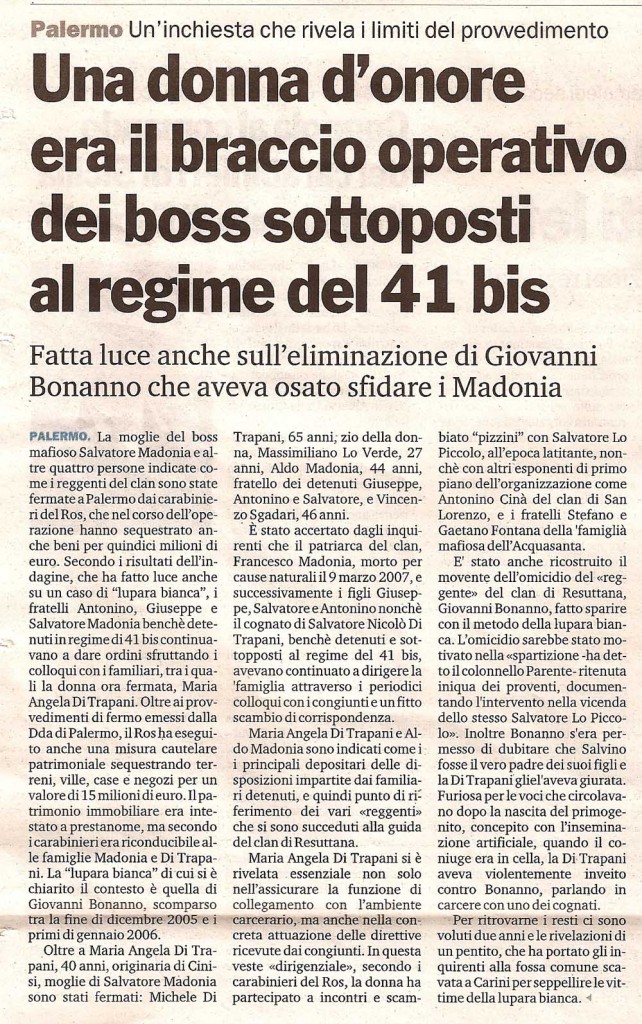 Una donna d’onore era il braccio operativo dei boss sottoposti al regime del 41 bis