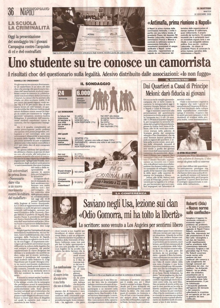 Uno studente su tre conosce un camorrista
