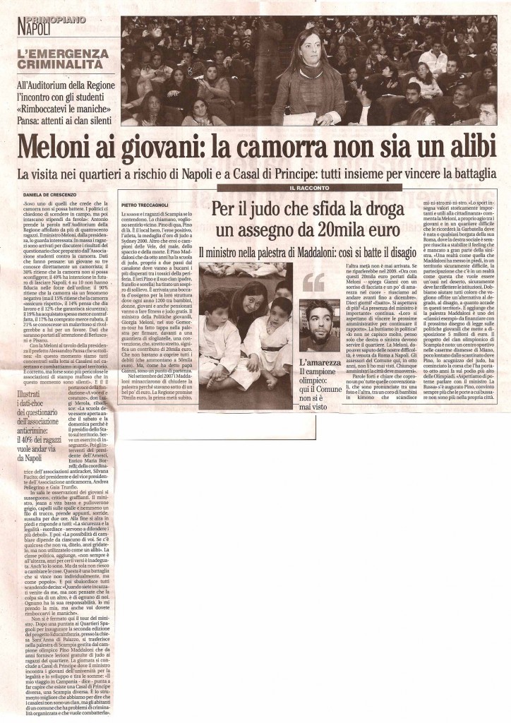 Meloni ai giovani: la camorra non sia un alibi