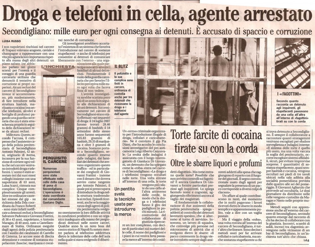 Droga e telefoni in cella, agente arrestato