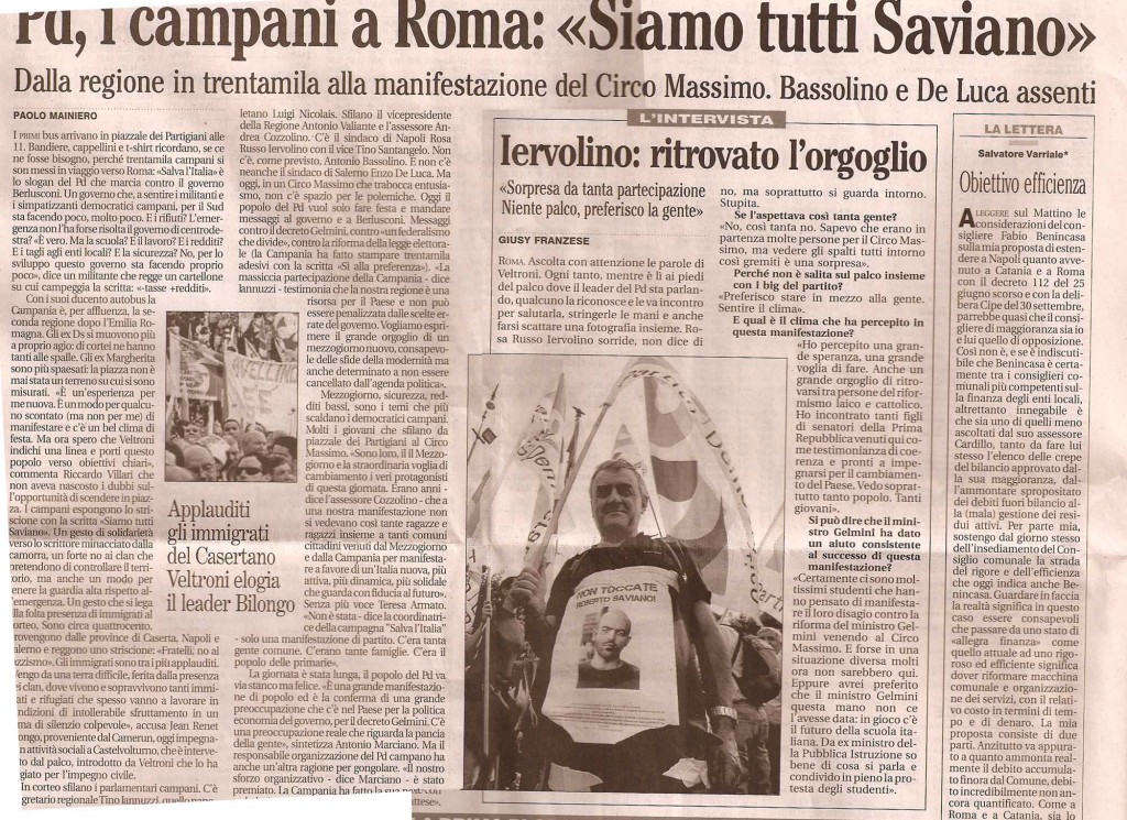 Pd, i campani a Roma “siamo tutti Saviano”