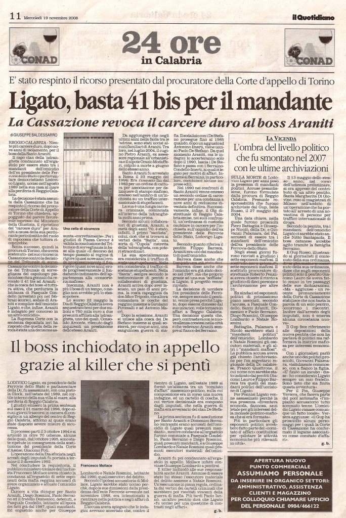 Ligato, basta 41 bis per il mandante