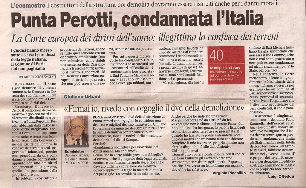 Punta Perotti, condannata l’Italia