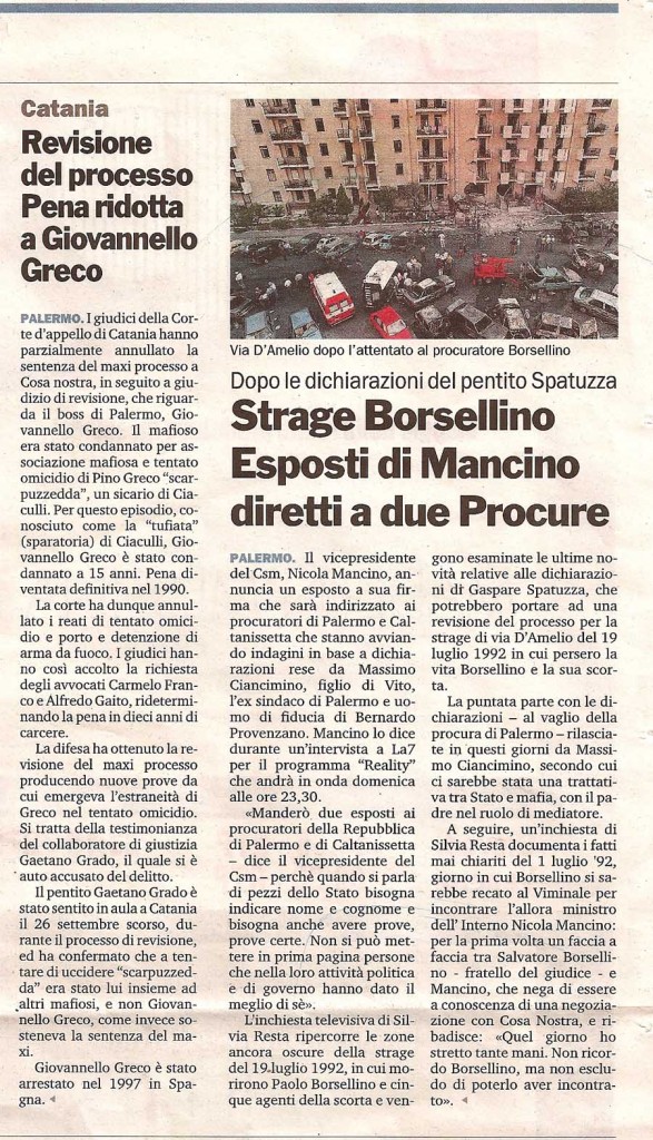 Strage Borsellino Esposti di Mancino diretti a due procure