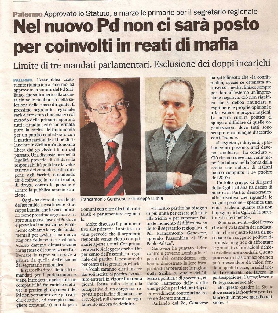 Nel nuovo Pd non ci sarà posto per coinvolti per reati di mafia