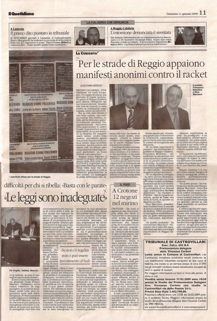 Per le strade di Reggio appaiono manifesti anonimi contro il racket