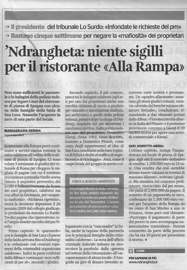 ‘Ndrangheta: niente sigilli per il ristorante “Alla Rampa”