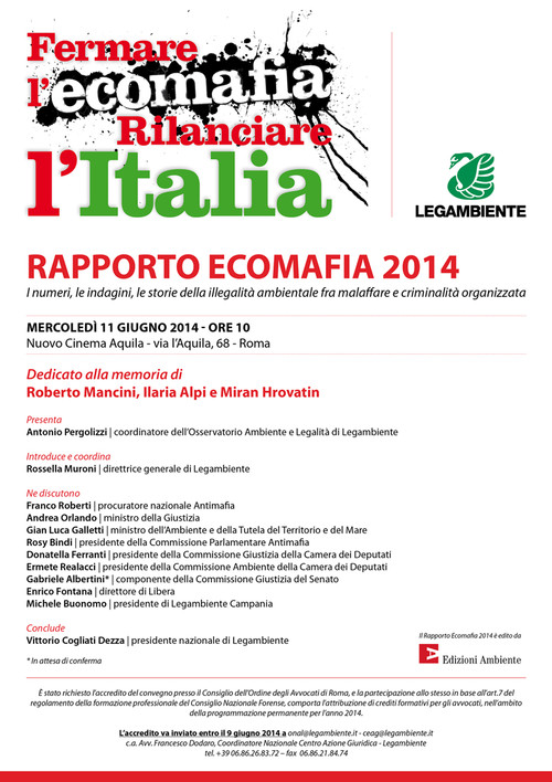 A Roma la presentazione del Rapporto Ecomafie 2014