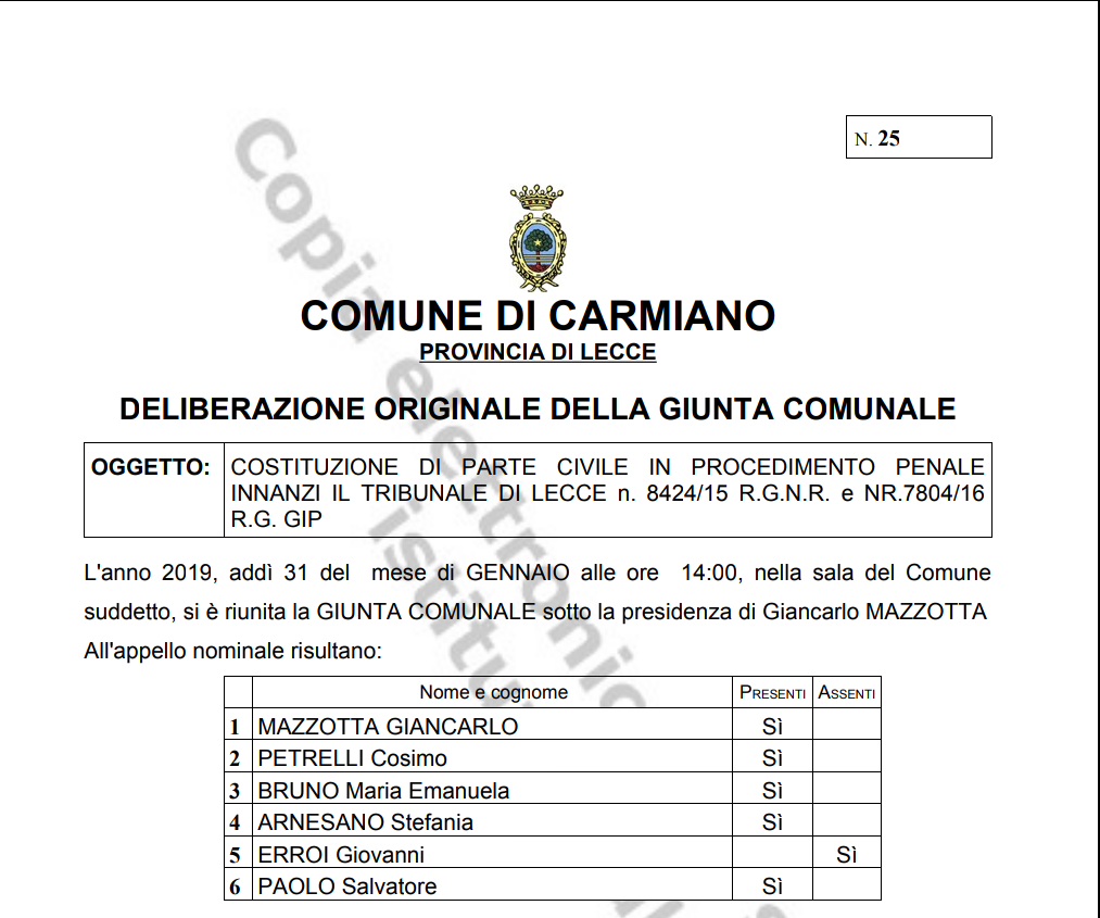 Carmiano, il sindaco accusato di metodo mafioso si costituisce contro il clan