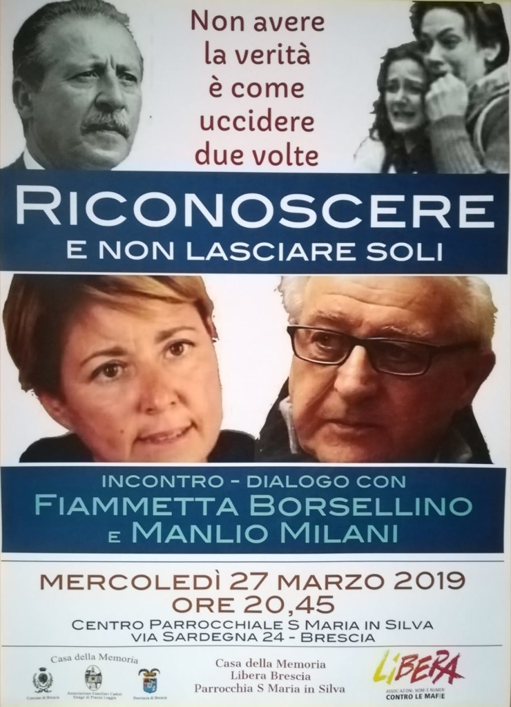 Brescia 27 marzo, incontro con Fiammetta Borsellino e Manlio Milani