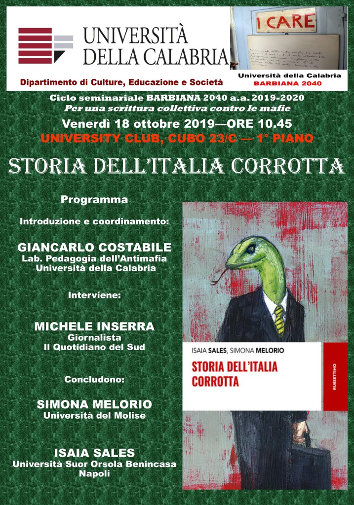 UNICAL 18 ottobre, “Storia dell’Italia corrotta”