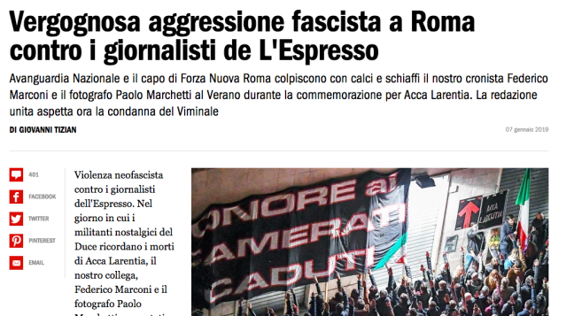 Roma, due condanne per l’aggressione fascista ai giornalisti de L’Espresso