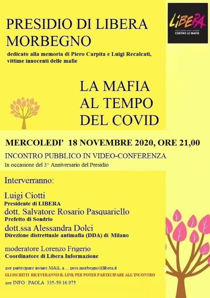 “La mafia al tempo del covid”, webinar Libera Morbegno 18/11