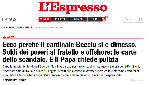 MFRR condanna assurda richiesta danni 10 mln dell’ex cardinale nei confronti de L’Espresso