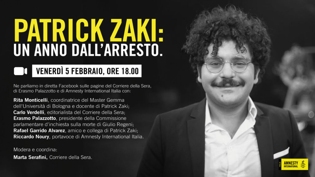 Venerdì 5 febbraio: Patrick Zaki: un anno dall’arresto. Diretta FB Amnesty International