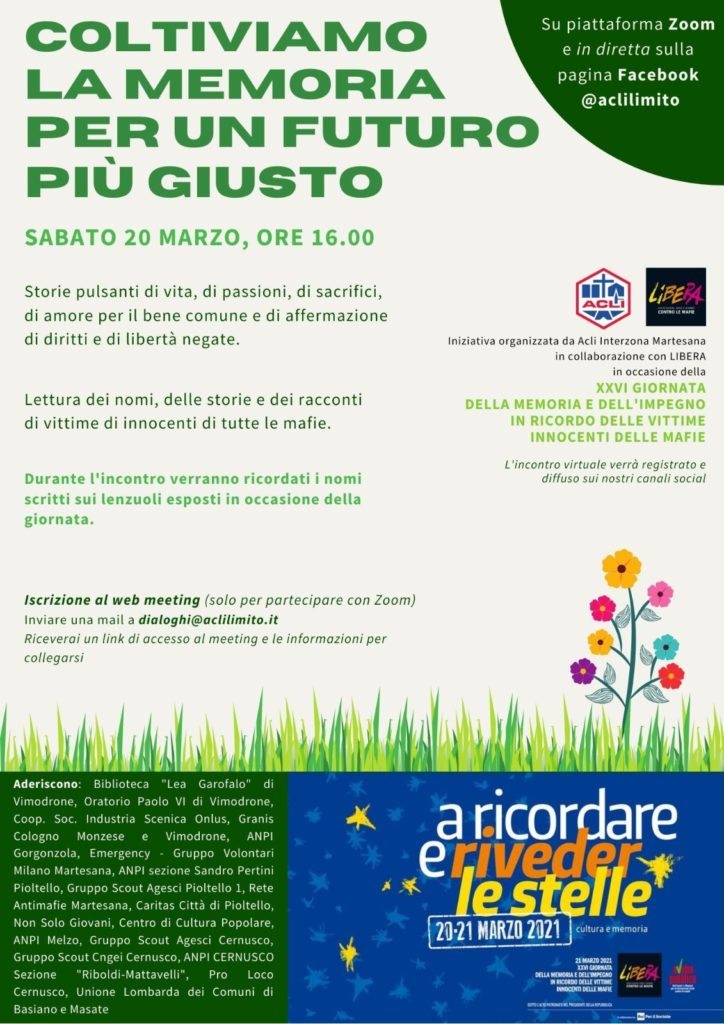 “Coltiviamo la memoria per un futuro più giusto”, sabato 20 marzo 2021