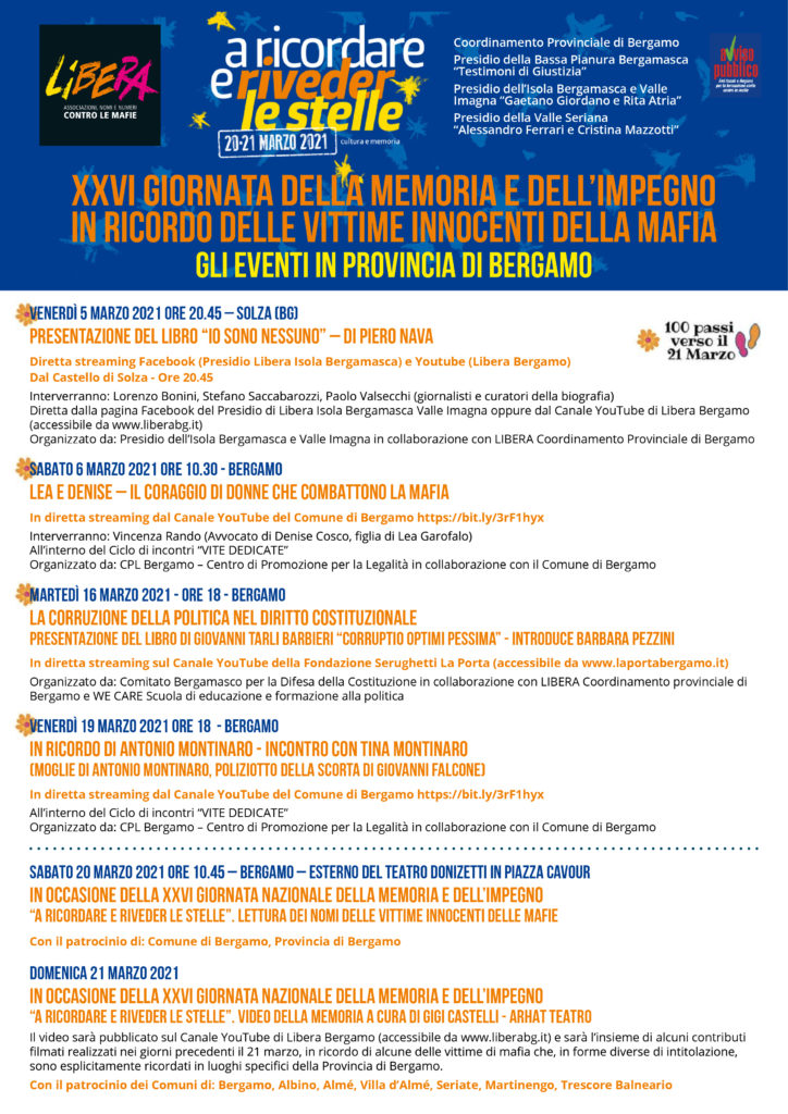 Le iniziative di Libera Bergamo verso il 21 marzo