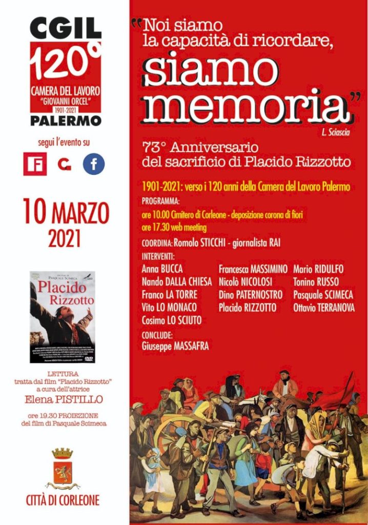 73° anniversario del sacrificio di Placido Rizzotto, 10 marzo 2021