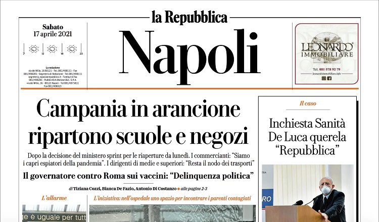 Campania, De Luca querela Repubblica Napoli. Solidarietà ai colleghi