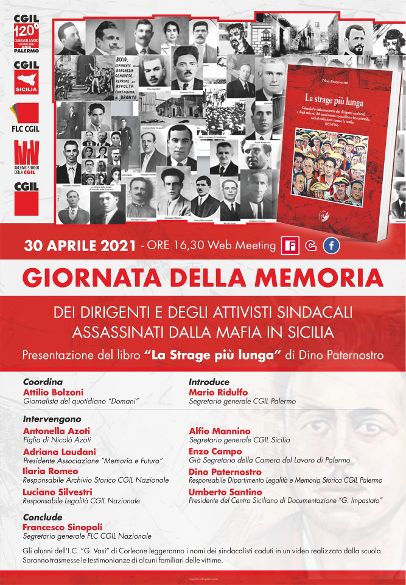 30 aprile, Giornata della memoria dei sindacalisti uccisi. Alle ore 16.30 presentazione de “La strage più lunga” di Dino Paternostro