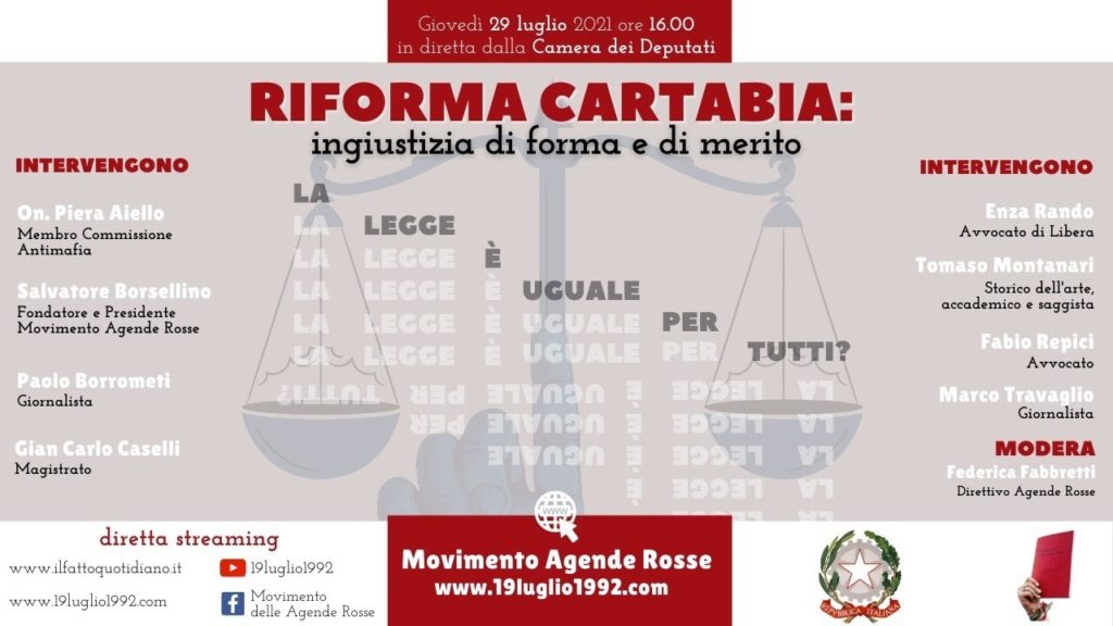 “Riforma Cartabia, ingiustizia di forma e di merito”, manifesto e incontro Agende Rosse alla Camera 