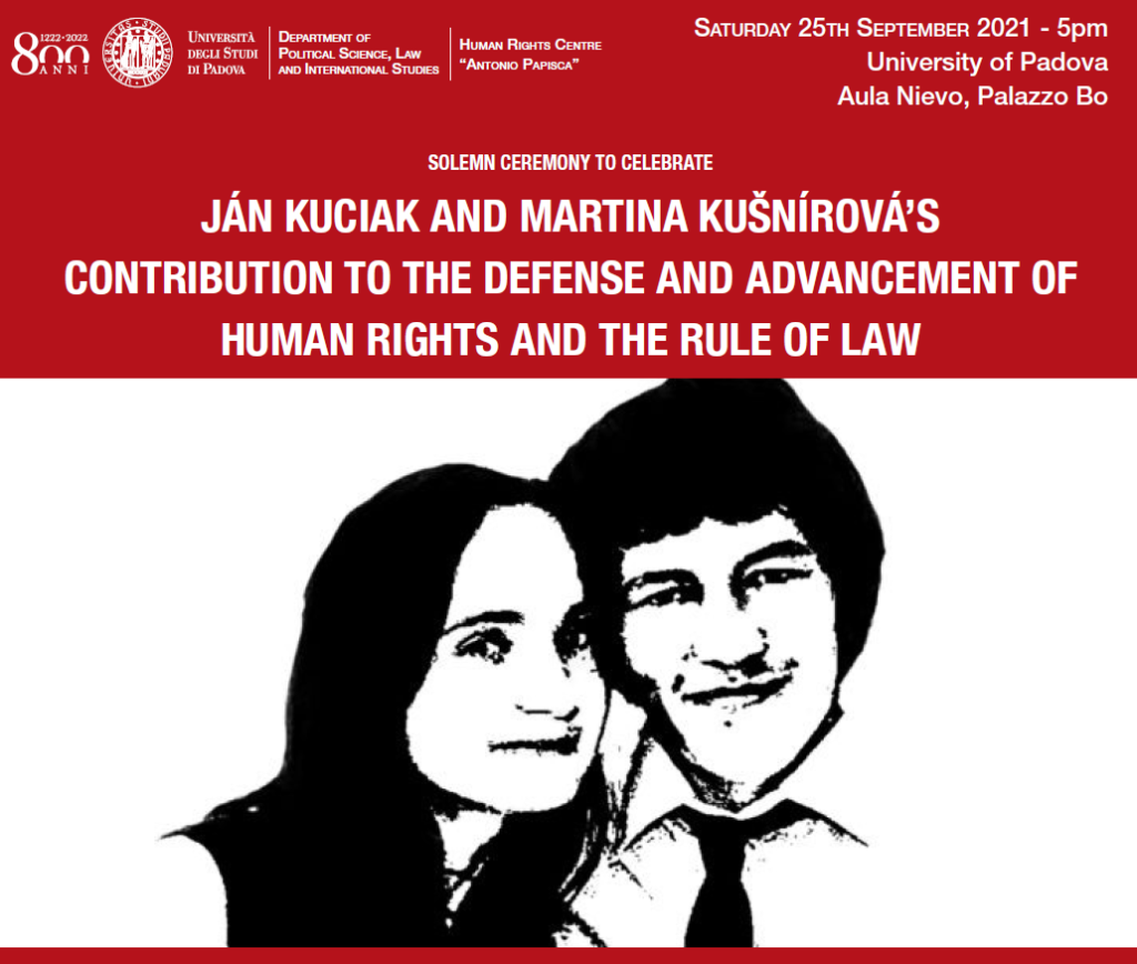 Università di Padova, il 25 settembre cerimonia in memoria di Jan Kuciak e Martina Kusnirova