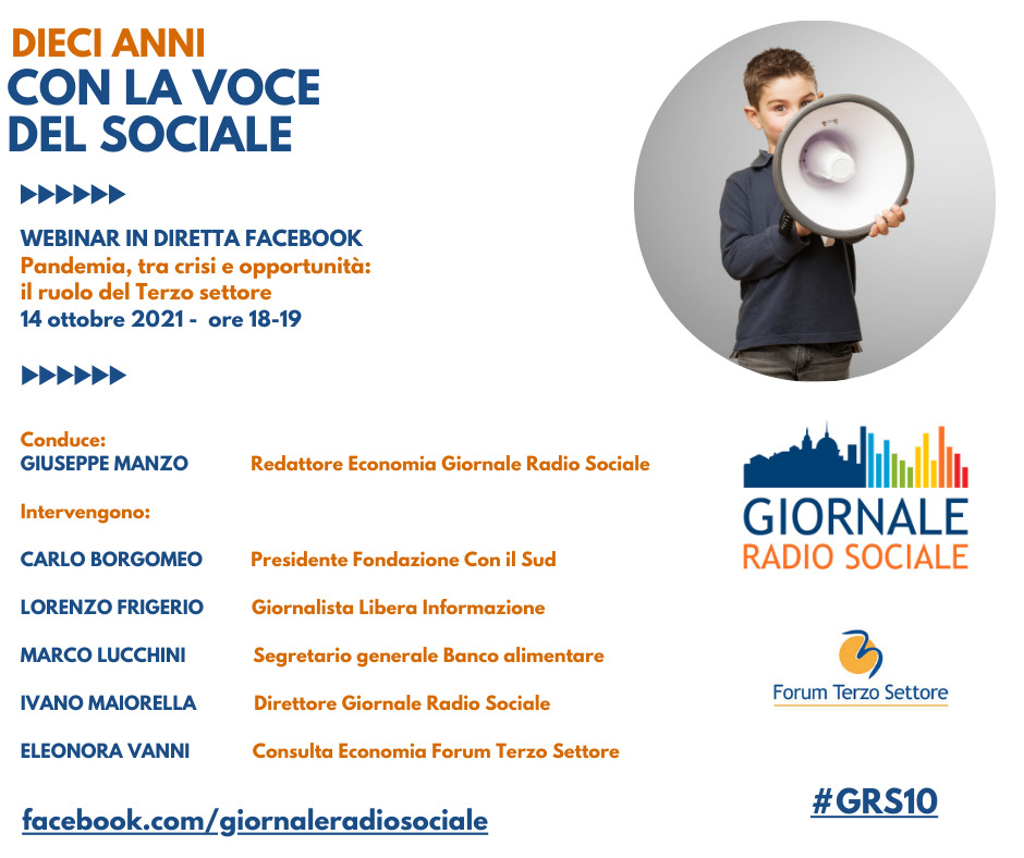 “Pandemia, tra crisi e opportunità: il ruolo del Terzo settore”, webinar Giornale Radio Sociale giovedì 14/10