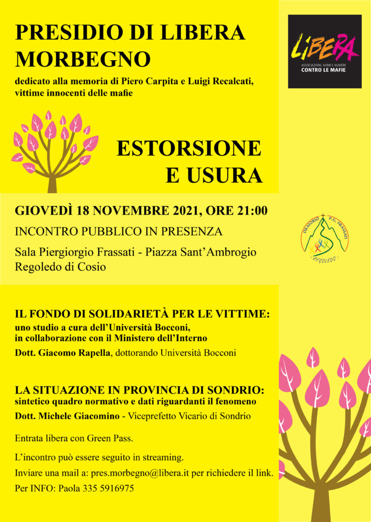 Regoledo di Cosio (SO) giovedì 18/11: “Estorsioni e usura”