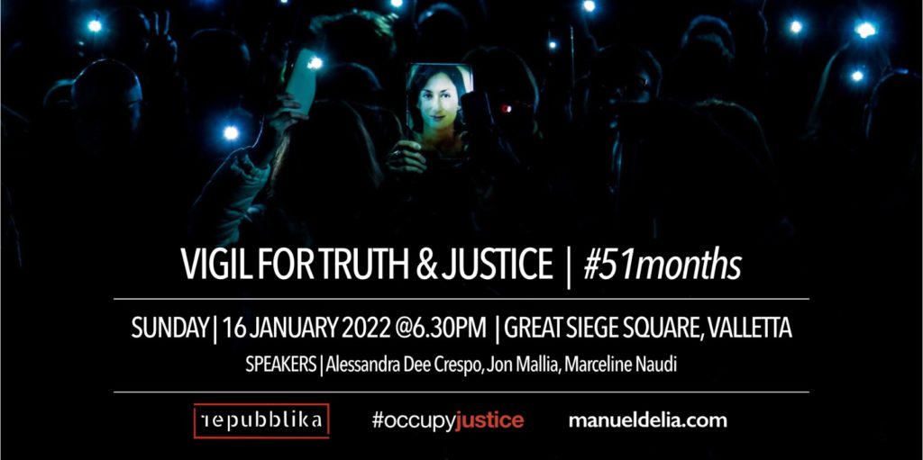 Daphne Caruana Galizia, Malta 16 January 2022: “Vigil for Truth and Justice”