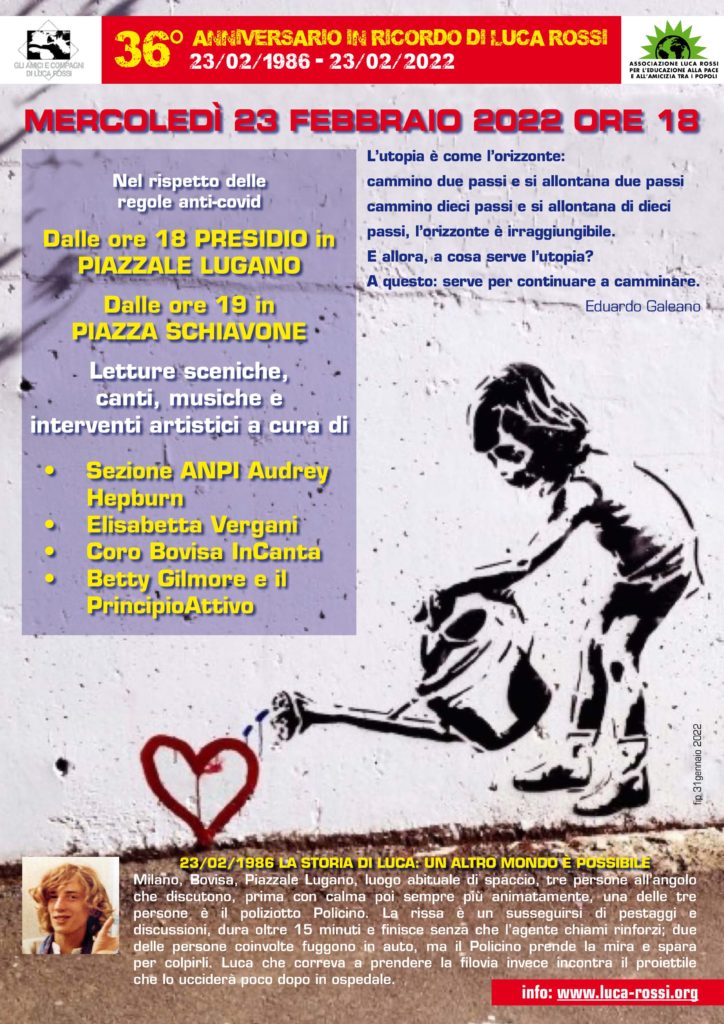 Mercoledì 23/2, presidio per ricordare Luca Rossi