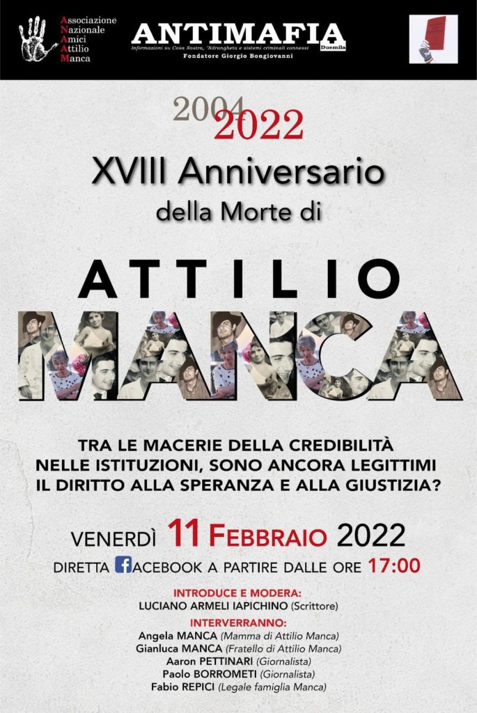 Venerdì 11/2, XVIII anniversario della morte di Attilio Manca: il diritto alla speranza e alla giustizia