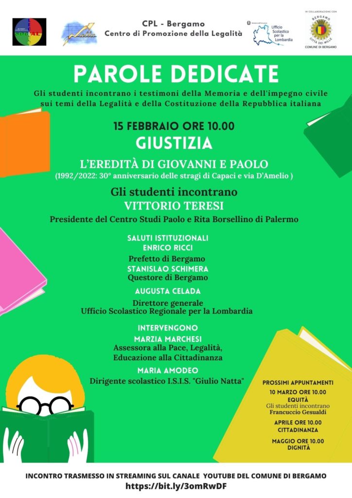 “Parole dedicate: Giustizia”. Gli studenti di Bergamo incontrano Vittorio Teresi martedì 15/2