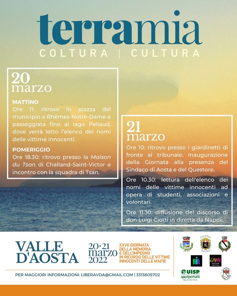 Il 20 e il 21 marzo in Valle D’Aosta in ricordo delle vittime innocenti delle mafie