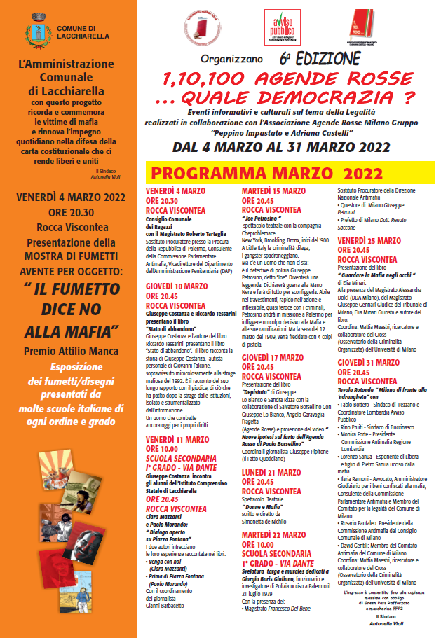 A Lacchiarella (MI) dal 4 marzo “1, 10, 100 Agende Rosse… Quale democrazia”