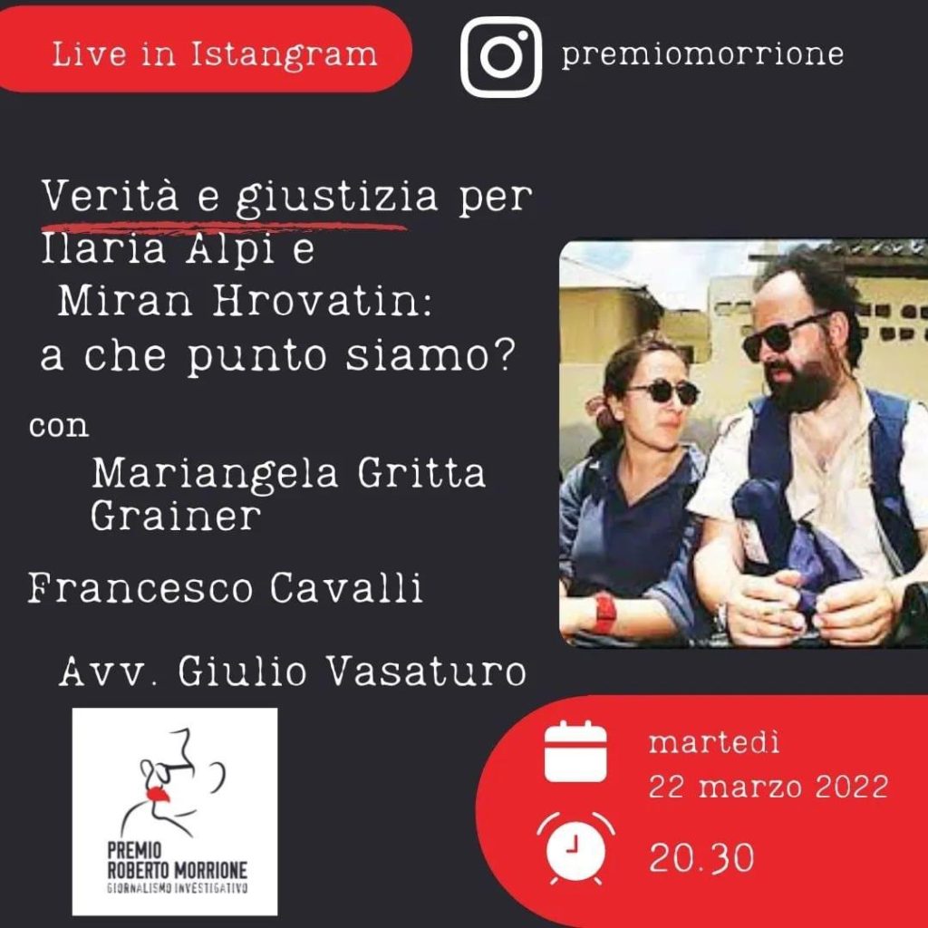 Premio Morrione, martedì 22/3 diretta Instagram per Ilaria Alpi e Miran Hrovatin